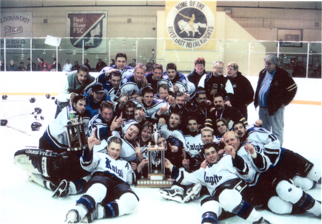 2000-2001 Championship Team after winning on the ice at Terry Sawchuk